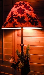 An image of a lamp shade in a rustic room setting.