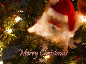 An Image of an ornament of Santa Claus in a Christmas Tree 